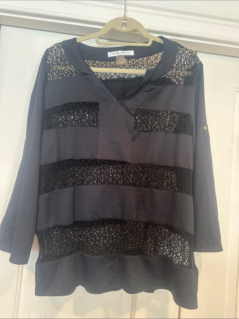 Peter Nygard Black Satin Lace-Panel V-Neck Blouse